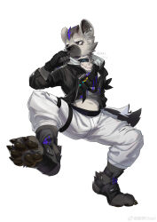  1boy absurdres arknights artist_name belly black_hair black_jacket closed_mouth commentary ear_piercing eyebrow_piercing face_piercing fingerless_gloves furry furry_male gloves grey_fur grey_shirt highres hood hood_down hooded_jacket hyena_boy hyena_ears hyena_tail infection_monitor_(arknights) jacket looking_to_the_side male_focus midriff_peek multicolored_hair navel okari_01 pants pawpads piercing shirt sitting spot_(arknights) streaked_hair untranslatable_commentary watermark weibo_username weibo_watermark white_pants 