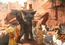  animal animal_focus blossomheart brown_cat canon_event cat cat_loaf character_request check_character cherrytail commentary darktail echosong english_commentary everyone eye_contact firefern graypillow grey_cat hawkwing highres in-universe_location leafstar looking_at_another no_humans orange_cat outdoors pebbleshine plant rock sharpclaw sitting story_in_commentary tabby_cat tortico_cat tortoiseshell_cat vines warrior_cats whiskers white_cat 