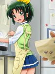  :d apron blush bowl food green_eyes green_hair highres kitchen looking_back mameshiba midorikawa_nao open_mouth ponytail precure rice rice_cooker school_uniform short_hair skirt sleeves_rolled_up smile smile_precure! solo spoon sweater_vest 