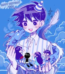  2girls 3boys antenna_hair aubrey_(headspace)_(omori) aubrey_(omori) black_hair blue_background blue_pajamas blush bright_pupils brother_and_sister brothers character_name closed_eyes collarbone collared_pajamas colored_skin commentary_request double-parted_bangs dragon hair_between_eyes happy_birthday hero_(headspace)_(omori) hero_(omori) highres kel_(headspace)_(omori) kel_(omori) korean_commentary long_hair long_sleeves looking_at_another mari_(headspace)_(omori) mari_(omori) mini_person miniboy minigirl multiple_boys multiple_girls omori omori_(omori) omori_hammer open_mouth pajamas purple_hair short_hair siblings smile striped_clothes striped_pajamas teeth tongue two-tone_pajamas upper_teeth_only vertical-striped_clothes vertical-striped_pajamas violet_eyes white_pajamas white_pupils white_skin 