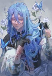  1boy absurdres antenna_hair black_gloves black_shirt blue_bow blue_bowtie blue_butterfly blue_eyes blue_flower blue_gem blue_hair blue_rose bow bowtie bracelet bug butterfly colored_eyelashes commentary_request dew_drop double-parted_bangs edmond_(nu_carnival) flower gem glint gloves gold_bracelet grey_background hair_between_eyes hair_down hair_over_shoulder half-closed_eyes half_gloves hands_in_own_hair hands_up highres jewelry light_particles long_hair looking_at_viewer male_focus mouth_hold nu_carnival off-shoulder_jacket off_shoulder overlighting ribbon ribbon_in_mouth rose see-through_clothes see-through_sleeves shirt silk solo spider_web user_hmvk4878 water_drop 