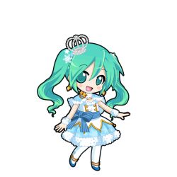  1girl :d black_outline blue_bow blue_capelet blue_dress blue_sash blue_shoes blush bow capelet chibi chibi_only crown dress earrings full_body fur-trimmed_capelet fur_trim fur_wrist_cuffs game_asset green_eyes grey_hair hair_between_eyes hair_ornament hatsune_miku hatsune_miku_graphy_collection jewelry layered_dress long_hair looking_at_viewer mini_crown open_mouth outline pantyhose sash shoes sleeveless sleeveless_dress smile snowflake_hair_ornament snowflake_print solo standing striped_sash transparent_background vocaloid waist_sash white_dress white_pantyhose white_wrist_cuffs wrist_cuffs 