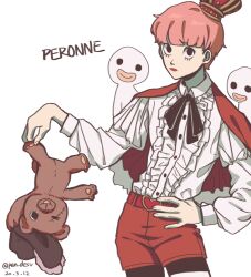  1boy blunt_bangs capelet closed_mouth commentary_request crown dated frilled_shirt frills genderswap genderswap_(ftm) ghost hand_on_own_hip holding holding_stuffed_toy lower_eyelashes_only male_focus masukawagen one_piece perona pink_hair red_capelet red_lips red_shorts shirt short_hair shorts simple_background stuffed_toy white_background 