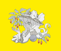  1girl bow commentary_request cropped_shoulders disembodied_linked_eye food from_side fruit green_eyes hat hat_bow hat_ribbon kakueki-teisha komeiji_koishi leaf long_hair long_sleeves plant ribbon solo spot_color touhou vines yellow_background 