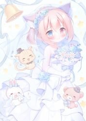  1girl animal_ears bell blue_eyes blush bouquet cat_ears commentary_request commission dress flower gloves hanasakichu heterochromia highres holding original pink_hair skeb_commission smile stuffed_animal stuffed_toy veil wedding_dress white_dress white_gloves 