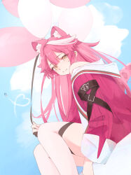  1girl animal_ears balloon blue_sky center-flap_bangs closed_mouth clouds commentary double-parted_bangs from_side highres holding holding_balloon hololive hololive_english jacket knees_up long_hair looking_at_viewer malvar multicolored_hair off_shoulder panther_ears panther_girl panther_tail pink_hair pink_jacket raora_panthera raora_panthera_(1st_costume) single_hair_streak sky smile solo streaked_hair tail thigh_strap untranslatable_commentary very_long_hair virtual_youtuber white_streaks 