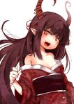  bare_shoulders bell black_hair collarbone demon_girl fang horns japanese_clothes kimono obi open_mouth original pointy_ears red_eyes simple_background solo tsujiura_ayari white_background 