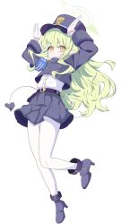  1girl absurdres armband belt blue_archive blue_armband blue_hat blue_jacket blue_shoes blue_skirt blush commentary_request demon_tail dress_shirt full_body gloves green_hair green_halo hair_between_eyes halo hat high_heels highres hikari_(blue_archive) jacket long_hair long_sidelocks long_sleeves looking_at_viewer mili_mli pantyhose pleated_skirt pointy_ears rabbit_pose shirt shoes sidelocks simple_background skirt solo tail very_long_hair white_background white_gloves white_pantyhose white_shirt yellow_eyes 