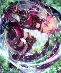  1girl animal_ears bare_shoulders blush boots cloth dagger detached_sleeves dual_wielding gauntlets hair_ornament jumping leaf mckeee mouse_ears mouse_tail original red_eyes sheath shingeki_no_bahamut silver_hair sky solo sword tail thigh-highs thigh_boots tree weapon whiskers 