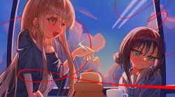  2girls averting_eyes black_hair black_shirt blonde_hair blush cho_kaguya-hime! clouds commentary_request cup feeding food fruit green_eyes highres holding holding_food kaguya_(cho_kaguya-hime!) looking_at_another multiple_girls neko_chili open_mouth orange_eyes pancake pancake_stack sailor_collar sakayori_iroha shirt short_sleeves strawberry string string_of_fate upper_body window 