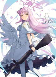  >:) 1girl absurdres arms_behind_back bao_(s_888) black_scrunchie blue_archive blunt_bangs blush breasts capelet closed_mouth commentary_request dress feathered_wings feet_out_of_frame floating_hair frilled_dress frills from_behind gun hair_bun halo highres holding holding_gun holding_weapon large_breasts long_hair looking_at_viewer looking_back low_wings medium_dress mika_(blue_archive) pantyhose pink_hair pink_halo scrunchie sidelocks simple_background single_side_bun smile solo sparkle split_mouth standing trinity_general_school_logo v-shaped_eyebrows very_long_hair weapon white_background white_capelet white_dress white_pantyhose white_wings wings wrist_scrunchie yellow_eyes 