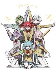  6+girls :d ;d absurdres ahoge armband arms_up blue_armband blue_eyes blue_hair blue_skirt bow bowtie brown_shoes cevio collared_shirt commentary_request drill_hair eyewear_on_head flower_(vocaloid) flower_(vocaloid4) green_armband green_eyes green_hair grey_hair grey_jacket gumi hair_ornament hatsune_miku highres ia_(vocaloid) jacket jjeogi38 kafu_(cevio) kamitsubaki_studio kasane_teto kneeling long_hair looking_at_viewer medium_hair miniskirt multiple_girls on_one_knee one_eye_closed pink_hair pleated_skirt purple_hair purple_skirt red_armband red_bow red_bowtie red_eyes red_hair shirt shoes short_hair simple_background skirt smile sunglasses thigh-highs twin_drills twintails utau v-shaped_eyebrows very_long_hair violet_eyes vocaloid white_background white_shirt white_thighhighs yellow_jacket zettai_ryouiki 