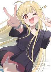  >_o 1girl ahoge black_shirt blonde_hair blush bracelet brown_eyes cho_kaguya-hime! commentary double_v highres jewelry kaguya_(cho_kaguya-hime!) long_hair one_eye_closed open_mouth pink_shorts piyopoyo revision shirt short_sleeves shorts simple_background solo sparkle straight_hair v white_background 