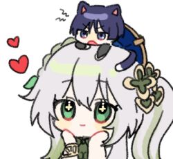  1boy 1girl animal_ears black_bridal_gauntlets black_hair blue_hat blue_jingasa blunt_ends blush bracelet bridal_gauntlets cat_boy cat_ears cat_tail choppy_bangs closed_mouth commentary_request cross-shaped_pupils eyelashes genshin_impact gold gold_bracelet green_eyes green_hair grey_eyes hands_on_own_face hat heart hissing jewelry jingasa korean_commentary long_hair looking_at_another looking_at_viewer lowres mini_person miniboy multicolored_hair nahida_(genshin_impact) open_mouth scaramouche_(genshin_impact) side_ponytail sidelocks smile streaked_hair symbol-shaped_pupils tail wanderer_(genshin_impact) wheat_02 white_background white_hair yellow_pupils 