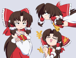  1girl ascot black_eyes bow brown_hair canni_can closed_eyes closed_mouth collar commentary crossed_arms curtained_hair detached_sleeves dress english_commentary flying frilled_bow frilled_collar frilled_hair_tubes frills grey_background hair_bow hair_tubes hakurei_reimu half-closed_eyes highres jitome light_blush light_frown long_hair long_sleeves looking_up multiple_views open_mouth own_hands_together praying raised_inner_eyebrows red_bow red_dress red_ribbon ribbon ribbon-trimmed_sleeves ribbon_trim simple_background smile touhou unamused upper_body v-shaped_eyebrows white_collar white_sleeves wide_sleeves yellow_ascot yen_sign 