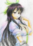  black_hair breasts cape cleavage colored_pencil_(medium) confused finger_to_face frown kitazinger large_breasts red_eyes reiuji_utsuho solo touhou traditional_media 