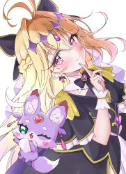 1girl absurdres antenna_hair black_capelet blonde_hair blush brooch capelet closed_mouth commentary_request cure_arcana_shadow diamond_hairband finger_to_own_chin fingernails frilled_capelet frilled_cuffs frills gradient_hair hair_intakes heart heart_brooch highres jewelry long_hair looking_at_viewer magical_girl mashu-tan meitantei_precure! momoyoi moria_luluka multicolored_hair nail_polish one_eye_closed pink_eyes pink_hair precure purple_nails purple_veil purple_wrist_cuffs smile veil very_long_hair wrist_cuffs