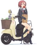  1girl bag basket eating food fruit grocery_bag kneehighs kuroboshi_kouhaku loafers long_sleeves motor_vehicle official_art one_off red_eyes red_hair redhead school_uniform scooter shiozaki_haruno shoes shopping_bag short_hair simple_background sitting skirt solo sweater tomato vehicle white_background 