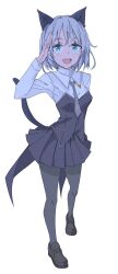  1girl animal_ears black_jacket black_necktie black_pantyhose black_shoes black_skirt brown_shoes cat_ears cat_girl cat_tail full_body green_eyes highres jacket multicolored_jacket necktie open_mouth pantyhose sanya_v._litvyak shoes short_hair skirt solo standing strike_witches tail thomas44229762 two-tone_jacket white_hair white_jacket world_witches_series 