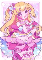  1girl bare_shoulders blonde_hair blush commentary_request gloves hair_ornament highres holding holding_wand idol_time_pripara long_hair looking_at_viewer navel open_mouth pink_eyes pink_gloves pink_skirt pretty_series pripara skirt solo star_(symbol) thigh-highs umecha_0 wand watermark yumekawa_yui 