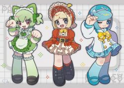  064mn 3girls :3 :d apron black_boots black_eyes black_shoes blonde_hair blue_eyes blue_hair blue_hat blue_sailor_collar blue_shoes blue_socks bonnet boots border bow bowtie bright_pupils dress fang frilled_socks frills fuecoco full_body green_bow green_dress green_hair green_socks grey_border hat highres looking_at_viewer maid_headdress multiple_girls one_eye_closed open_mouth personification pink_eyes pokemon puffy_short_sleeves puffy_sleeves quaxly red_bonnet red_dress red_socks sailor_collar shoes short_hair short_sleeves short_twintails simple_background smile socks sprigatito standing starter_pokemon_trio twintails white_apron white_dress white_pupils wrist_cuffs yellow_bow yellow_bowtie 