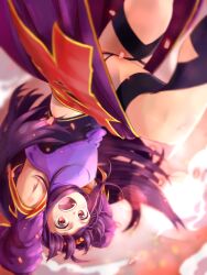  1girl :d abstract_background armor armpits arms_up blurry boots breastplate breasts commentary_request depth_of_field detached_sleeves hairband highleg highleg_leotard highres leotard light_particles long_hair long_skirt long_sleeves looking_at_viewer messy_hair nemu_(46_2367teimei) open_mouth purple_armor purple_boots purple_hair purple_leotard purple_sleeves red_eyes red_hairband red_skirt red_trim skirt small_breasts smile solo sword_art_online teeth thigh_boots tongue upper_teeth_only upside-down yellow_trim yuuki_(sao) 