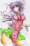  amputee bandage bandages breasts chinese_clothes colored_pencil_(medium) contrapposto cuffs double_bun flower highres hips ibaraki_kasen kitazinger large_breasts looking_at_viewer pink_eyes pink_hair rose shackles short_hair skindentation skirt solo tabard thick_thighs thigh-highs thighhighs thighs touhou traditional_media white_legwear wide_hips zettai_ryouiki 
