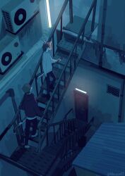  1boy 1girl animal_ears beanie condenser_unit door flashlight from_above furry furry_female furry_male hat highres hikousen11 holding holding_flashlight hood hood_down hoodie original pants scenery stairs sweater tail twitter_username wide_shot 