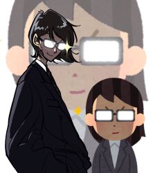  1girl black_hair black_necktie black_suit chibi chibi_inset closed_mouth goma_irasuto irasutoya luuxiriver necktie plaid_clothes plaid_necktie rectangular_eyewear short_hair smile solo suit v-shaped_eyebrows 
