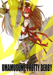  2girls ahoge animal_ears ascot asymmetrical_footwear black_ascot black_gloves blue_eyes breasts closed_mouth copyright_name dress ear_covers feather_hair_ornament feathers gem gloves green_eyes green_gem hair_between_eyes hair_ornament highres horse_ears horse_girl horse_tail jacket long_hair looking_at_viewer low_twintails mismatched_footwear multicolored_hair multiple_girls orange_hair orfevre_(control)_(umamusume) orfevre_(umamusume) pantyhose red_dress red_hair ruukii_drift single_ear_cover tail twintails two-tone_hair umamusume white_hair win_variation_(dramatic_tutu)_(umamusume) win_variation_(umamusume) 