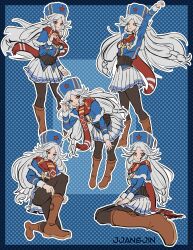  absurdres artist_name black_pantyhose blue_background blue_capelet blue_jacket boots brown_boots capelet character_counter_request commentary english_commentary full_body fur_hat fur_trim girls_frontline hat hat_ornament highres jacket jjangjinn knee_boots leaning_forward long_hair looking_at_viewer makarov_(girls'_frontline) pantyhose pleated_skirt polka_dot polka_dot_background putting_on_footwear red_eyes red_scarf scarf simple_background sitting skirt star_(symbol) star_hat_ornament stretching ushanka very_long_hair weapon white_hair white_skirt 