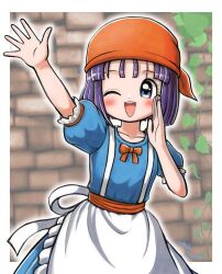  1girl apron arm_up bandana blue_dress blue_eyes blurry blurry_background blush border bow bowtie brick_wall collarbone commentary cowboy_shot dragon_quest dragon_quest_ix dress highres looking_at_viewer moyapippi one_eye_closed open_hand open_mouth orange_bandana orange_bow orange_bowtie orange_sash outside_border puffy_short_sleeves puffy_sleeves purple_hair rikka_(dq9) short_hair short_sleeves solo teeth upper_teeth_only waving white_apron white_border 