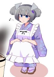  1girl absurdres apron blue_eyes eighth_note frilled_apron frills grey_hair grill headgear highres i-36_(kancolle) i-36_(saury_festival)_(kancolle) japanese_clothes kantai_collection kimono maid musical_note purple_kimono sandals shichirin short_hair simple_background smile solo squatting thrown_(36974889) twintails wa_maid white_apron white_background 