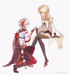  1boy 1girl absurdres bandaged_hand bandages bare_shoulders blonde_hair boots bow breasts brown_boots closed_mouth commentary detached_sleeves dress earrings english_commentary expressionless flower full_body genshin_impact hair_bow hair_flower hair_ornament hetero highres holding_hands hoxino invisible_chair japanese_clothes jewelry kaedehara_kazuha light_smile long_sleeves looking_at_another lumine_(as_heaven_and_earth_are_made_anew)_(genshin_impact) lumine_(genshin_impact) medium_breasts medium_hair multicolored_hair official_alternate_costume on_one_knee ponytail red_eyes red_streaks scarf short_hair_with_long_locks simple_background single_earring sitting streaked_hair thigh_boots vision_(genshin_impact) white_background white_dress white_hair white_scarf wide_sleeves yellow_eyes 