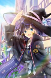  1girl :d black_capelet black_hat blue_eyes blue_ribbon blurry blurry_background blush capelet collared_shirt commentary_request dress_shirt emblem grey_shirt hair_between_eyes hat highres looking_at_viewer majo_no_tabitabi nakki_(toarumajyutushi) outdoors red_ribbon ribbon saya_(majo_no_tabitabi) shirt smile solo upper_body wing_collar witch witch_hat 