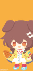  1girl absurdres animal_ears blue_bow blue_shoes bow braid commentary_request dog_ears dog_girl dress food frilled_jacket frills hair_between_eyes hair_ornament hair_tie hairclip highres hololive inugami_korone inugami_korone_(1st_costume) jacket light_blush open_mouth pastry red_bow red_socks rizu_(rizunm) shoes simple_background socks solo standing twin_braids white_dress yellow_background 
