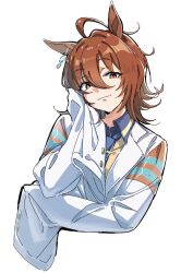  1girl agnes_tachyon_(tach-nology)_(umamusume) agnes_tachyon_(umamusume) ahoge animal_ears blue_necktie brown_hair closed_mouth coat commentary cropped_torso earrings hair_between_eyes highres horse_ears horse_girl jewelry lab_coat long_sleeves looking_at_viewer necktie ohayonabeno red_eyes shirt short_necktie simple_background single_earring sleeves_past_fingers sleeves_past_wrists smile solo sweater umamusume untranslatable_commentary white_background white_coat wolf_cut yellow_sweater 
