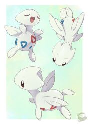  absurdres border brown_eyes closed_eyes commentary_request green_background highres mochiri_(mochiri_work) open_mouth pokemon pokemon_(creature) pokemon_focus smile togetic white_border wings 