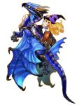  1girl blonde_hair dragon george_kamitani grimgrimoire hat holding holding_hat lillet_blan long_hair monster nippon_ichi official_art riding simple_background solo vanillaware witch_hat 