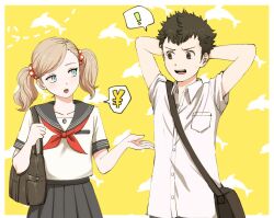  ! 1boy 1girl aged_down alternate_hair_color arms_behind_head bag black_bag black_hair black_sailor_collar black_skirt blonde_hair blue_eyes brown_eyes collarbone collared_shirt english_commentary hair_ornament hair_scrunchie head_tilt long_hair looking_at_another narumi_(62rimi) neckerchief open_hand open_mouth persona persona_5 pleated_skirt red_neckerchief sailor_collar sakamoto_ryuji scrunchie shirt short_hair short_sleeves shoulder_bag skirt spoken_exclamation_mark spoken_money spoken_yen_sign takamaki_ann twintails white_shirt yellow_background yen_sign 