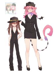  2girls black_hat black_jacket black_pants black_shoes black_skirt black_suit black_vest black_wings bow broken_heart broken_heart_hair_ornament brown_hair camila_(vtuber) collared_shirt dgucedunno evil_neuro-sama full_body hair_between_eyes hair_ornament hair_ribbon hat heart heart_hair_ornament high_heels highres jacket lapels long_hair long_sleeves looking_at_viewer miniskirt multicolored_hair multiple_girls notched_lapels pants pencil_skirt pink_hair purple_bow purple_scarf red_eyes red_ribbon ribbon scarf shirt shoes single_wing skirt skirt_suit standing streaked_hair suit suit_jacket tail tail_bow tail_ornament tomodachi_life tomodachi_life:_living_the_dream two_side_up vedal_ai vest virtual_youtuber white_hair white_shirt wings 