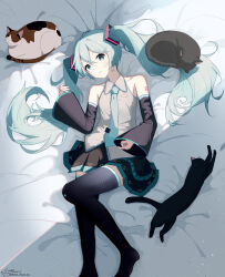  1girl ame_miya_ta aqua_eyes aqua_hair aqua_necktie arm_tattoo bed_sheet black_cat black_skirt black_thighhighs blush calico_(pattern) calico_cat cat collarbone collared_shirt commentary_request crossed_bangs detached_sleeves double-parted_bangs frilled_shirt frilled_shirt_collar frills grey_cat grey_shirt hair_between_eyes hatsune_miku highres long_hair lying miku_day necktie number_tattoo on_back on_bed open_mouth pleated_skirt shirt sidelocks signature skirt solo tattoo thigh-highs tie_clip twintails twitter_username very_long_hair vocaloid zettai_ryouiki 