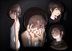  1girl absurdres brown_eyes brown_hair brown_hoodie eyelid_pull hair_ornament highres hood hoodie iwakura_lain multiple_views nightgown serial_experiments_lain short_hair single_sidelock white_nightgown x_hair_ornament zknxart99 