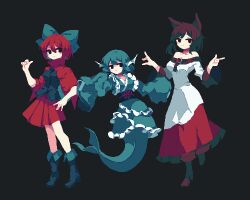  3girls 4qw5 animal_ears bare_shoulders black_background black_boots black_eyes black_shirt blue_hair boots brown_hair capelet commentary dress drill_hair drill_sidelocks fins frills full_body green_kimono hair_between_eyes hand_on_own_hip hand_up hands_up head_fins highres imaizumi_kagerou japanese_clothes kimono long_sleeves medium_hair merfolk mermaid monster_girl multiple_girls off-shoulder_dress off_shoulder pixel_art red_capelet red_dress red_hair red_shoes red_skirt sekibanki shirt shoes short_sleeves sidelocks skirt sleeves_past_fingers sleeves_past_wrists touhou two-tone_dress wakasagihime white_dress wolf_ears wolf_girl 