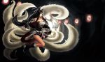  ahri animal_ears artnothearts black_eyes black_hair boots breasts cleavage edward_montenegro facial_mark fingerless_gloves fox_ears fox_tail gauntlets gloves highres large_breasts league_of_legends leagueoflegends lips multiple_tails running solo tail 