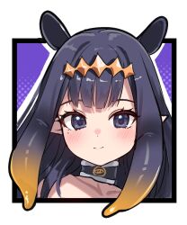  1girl blue_eyes closed_mouth diamond_hairband gradient_hair hairband highres hololive hololive_english kumarang light_blush light_smile long_hair looking_at_viewer mole mole_under_eye multicolored_hair ninomae_ina'nis ninomae_ina'nis_(1st_costume) orange_hair orange_hairband pointy_ears purple_hair solo tentacle_hair 