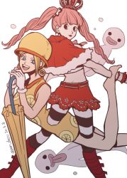  2girls blonde_hair blue_eyes blunt_bangs boots capelet commentary_request crown dated devil_fruit_power earrings food-themed_earrings food_print fruit_print ghost hat holding holding_umbrella jewelry lemon_earrings lemon_print masukawagen miss_valentine multiple_girls one_piece pantyhose perona pink_hair red_capelet red_lips red_skirt short_hair simple_background skirt striped_clothes striped_pantyhose tongue tongue_out twintails umbrella white_background 