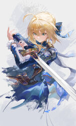  1girl absurdres ahoge artoria_pendragon_(fate) blonde_hair blue_bow blue_dress bow braid braided_bun dress fate/stay_night fate_(series) floating_hair green_eyes grey_background hair_between_eyes hair_bow hair_bun highres holding holding_sword holding_weapon honkai:_star_rail honkai_(series) long_sleeves official_alternate_costume parted_lips saber_(fate) saber_(honkai:_star_rail)_(fate) shin_oooooo short_hair_with_long_locks simple_background sword v-shaped_eyebrows weapon 
