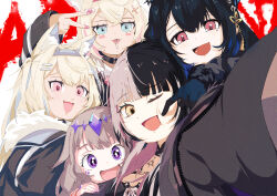 absurdres bandaid bandaid_hair_ornament black_hair black_jacket blonde_hair blue_eyes blue_hair blue_streaks byxis cheek_poking colored_inner_hair commentary demon_horns english_commentary fur-trimmed_jacket fur_trim fuwawa_abyssgard fuwawa_abyssgard_(1st_costume) grey_hair hair_ornament hairpin highres holoadvent hololive hololive_english horns jacket jewel_under_eye koseki_bijou long_hair looking_at_viewer mococo_abyssgard mococo_abyssgard_(1st_costume) mole mole_under_eye multicolored_hair nail_polish nerissa_ravencroft nerissa_ravencroft_(1st_costume) one_eye_closed open_mouth pink_eyes pink_nails pink_streaks poking red_eyes shiori_novella shiori_novella_(1st_costume) short_hair siblings sisters smile split-color_hair streaked_hair twins very_long_hair violet_eyes virtual_youtuber yellow_eyes