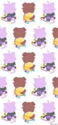  2girls absurdres ahoge animal_ears animal_hood artist_name black_hoodie blue_bow blue_shoes bow braid cat_ears cat_girl cat_hood cat_tail commentary_request dog_ears dog_girl dog_tail dress frilled_jacket frills from_behind hair_between_eyes hair_ornament hair_tie hairclip highres hololive hood hoodie inugami_korone inugami_korone_(1st_costume) jacket jewelry light_blush multiple_girls necklace nekomata_okayu nekomata_okayu_(1st_costume) open_mouth pants red_bow red_socks rizu_(rizunm) shoes simple_background socks standing tail twin_braids violet_eyes virtual_youtuber white_background white_dress white_pants yellow_shoes 